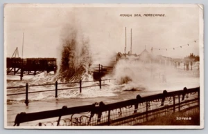 1942 RPPC Morcambe, Lancashire, England Storm Waves Crashing on Pier UK Postcard - Picture 1 of 3