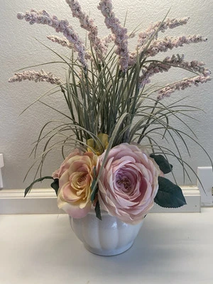 Floral Pink Green Bouquet White Ceramic Pot Vase Arrangement Centerpiece - Image 1 of 4