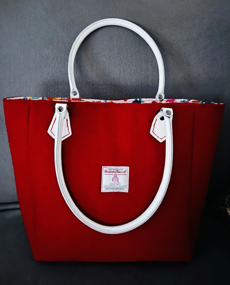 Red Harris Tweed Large Tote Bag With White Leather Handles- New - Image 1 of 4