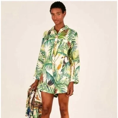 FARM Rio Toucan Pineapple Palm Leaf Print Button Front Romper Linen Women Small - Image 1 of 4