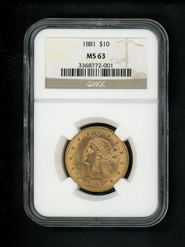 1881 US $10.00 Gold Liberty $10 Eagle NGC MS 63 UNC Original Surface Soft Patina Cover
