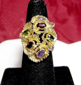 14K YELLOW GOLD MULTI COLOR GEM STONES CLUSTER RARE ELEGANT RING SIZE 5.75 - Picture 1 of 10