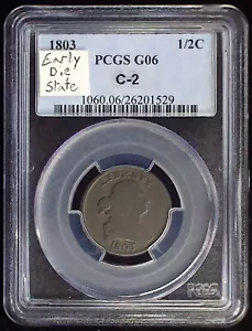 1803 PCGS G06 Draped Bust Half Cent, Early Die State, C-2 Variety, Very Choice! - Picture 1 of 4