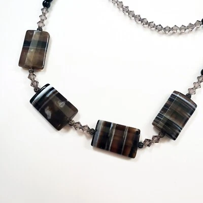 Agate ? Sardonyx Banded Onyx Necklace Faceted Rectangular Beads Beaded Brown - Image 1 of 4