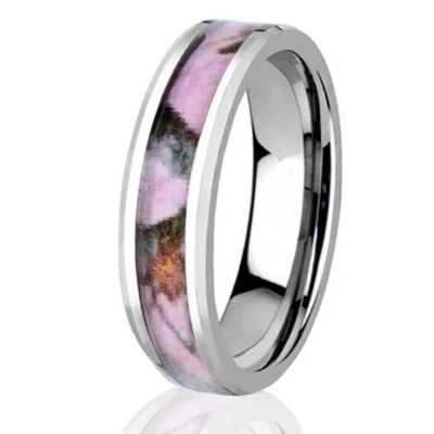 Titanium Black Real Oak Pink Tree Camo Rings for Women Mossy Forest Wedding Band - Image 1 of 4