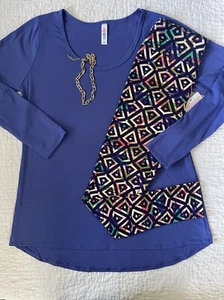Lularoe Outfit Lynnae Top XS Solid Purple & OS Black Pink Geometric Leggings - Bild 1 von 5