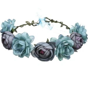 June Bloomy Women Blue Rose Floral Crown Hair Wreath Headband Ribbon Wedding - Picture 1 of 7