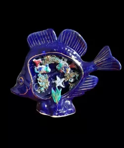 Vintage Table Lamp Fish in Glazed Ceramics Blue 21 cm - Picture 1 of 13