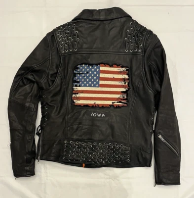 Chaqueta de cuero negra para mujer motocicleta bandera de EE. UU. Iowa capítulo parche talla Lg Foto 1 de 4