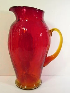 TALL MOLD BLOWN AMBERINA CRACKLE GLASS PITCHER -APPLIED AMBERINA HANDLE -PILGRIM - Picture 1 of 6