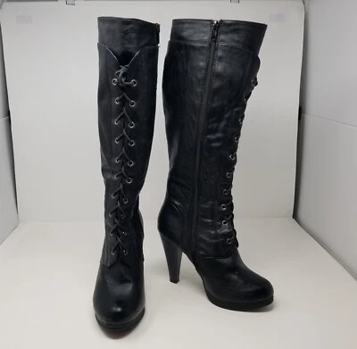 Botas RSVP de couro preto com cadarço no joelho com zíper lateral desgastado tamanho 7,5 M - Imagem 1 de 4