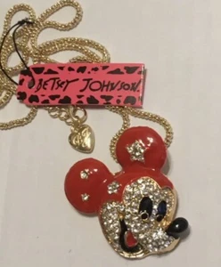 BETSEY JOHNSON RED ENAMEL CRYSTAL MICKEY MOUSE FACE GOLD PENDANT NECKLACE - Picture 1 of 4
