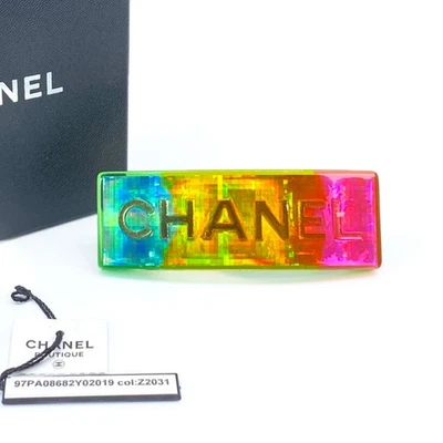 CHANEL Logo Rainbow Hair Barrette Clip Gold Tone Plastic Unused with Box 9377 - Image 1 of 4
