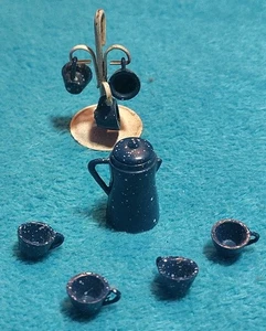 VTG Cast Iron Blue Speckled Miniature Coffee Pot, 7 Cups & Stand Doll House - Picture 1 of 9