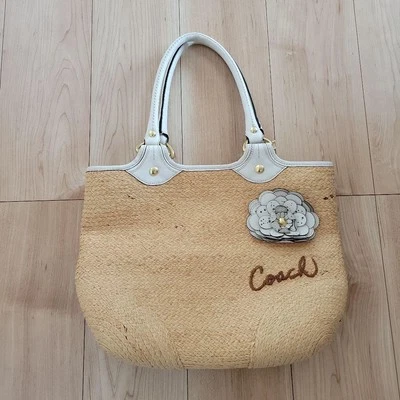 Bolso de Mano Coach Paja Beige Floral Tejido Verano Bolso de Mano Blanco Hombro MBb0204 Foto 1 de 4