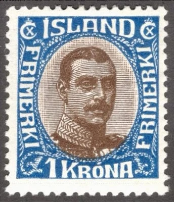 ICELAND 1920, SC-126, F/VF MHR* 1K, Wide Lines  scv $110.00  *Bay Stamps* - Image 1 of 2