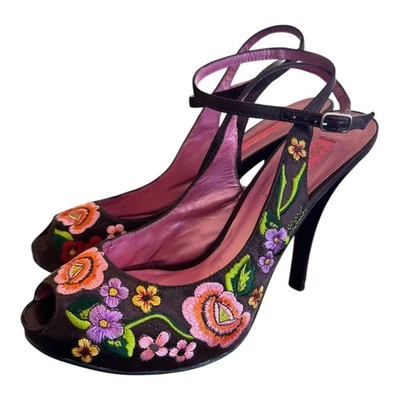 Betsey Johnson Peep Toe Stilettos 8 Brown Floral Ankle Strap Slingback Y2K  - Image 1 of 4