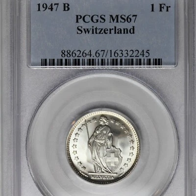 1947-B Switzerland 1 Franc PCGS MS67 Swiss 1Fr obh old blue holder - Image 1 of 4