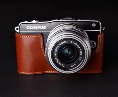 Nueva Funda Bolsa Cuero Genuino Real Hecha a Mano Media Cámara Para Olympus EPM2 Foto 1 de 4