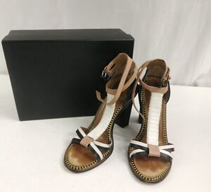 Sandale à talons volumineux L.A.M.B Gwen Stefani en cuir blanc/noir taille 8 avec boîte