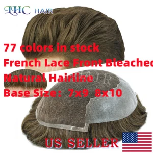 Mens Toupee French Lace Front Human Hair Replacement System Black Brown Grey Wig - Picture 1 of 80
