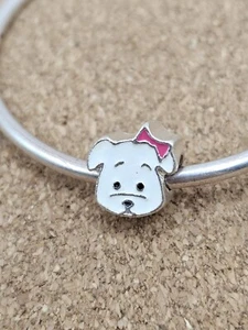 Authentic White Pet Puppy Dog Pink Bow Silver European Spacer Charm Bead - Picture 1 of 2