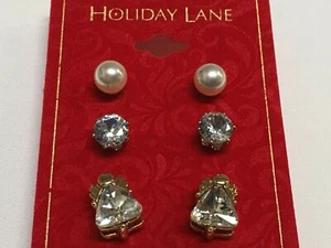 HOLIDAY LANE Christmas Pearl White Angel Crystal 3 Pairs Earrings HL12 - Picture 1 of 3