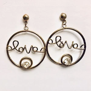 Love Circle Earrings Gold Tone Drop Dangle Script Wire Letters Rhinestones 2+” - Picture 1 of 5
