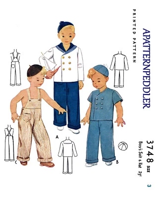 APATTERNPEDDLER 3748 Pattern BOY'S Nautical Sailor Suit & Overalls Vintage Sz 3 - Image 1 of 4