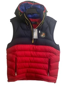 Men’s Polo Ralph Lauren Hooded Down Puffer Vest Size M Red Blue Crest Cookie - Picture 1 of 6