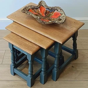 Old Charm Nest of Tables/Coffee Tables in Oak with Grey Painted Legs - Picture 1 of 24