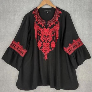 Calessa Top Plus 3X Black Red Embroidered Crinkle Stretch Bell Tunic Bohemian - Picture 1 of 19