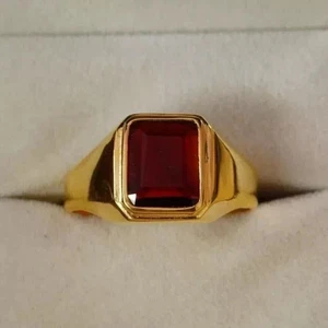 Men's 3Ct Emerald Cut Lab-Created Garnet Wedding Ring in 14K Yellow Gold Plated - Picture 1 of 10