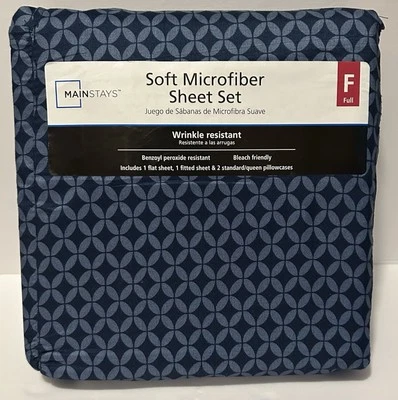 Mainstays 4 Piece Sheet Set Full Size Soft Microfiber Navy Geo New! - Image 1 of 4