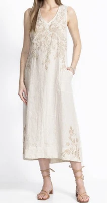 Johnny Was Linen Tank Dress Floral Embroidery Pockets Size L - Image 1 of 4