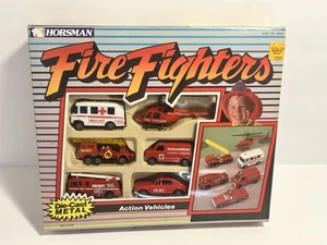 Vintage Horsman FIRE FIGHTERS Die Cast Metal Rescue Vehicles Cars Gift Set 1988 - Picture 1 of 7
