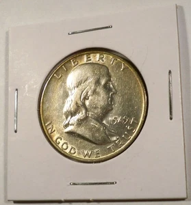 Medio dólar Ben Franklin 1949-D 50c 90 % plata tono llanta bonito - Imagen 1 de 6