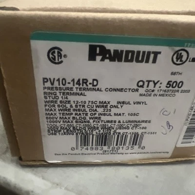 Panduit PV10-14R-D Yellow Ring Tongue Terminals 12-10AWG 1/4Stud Size 500 PCS - Image 1 of 4