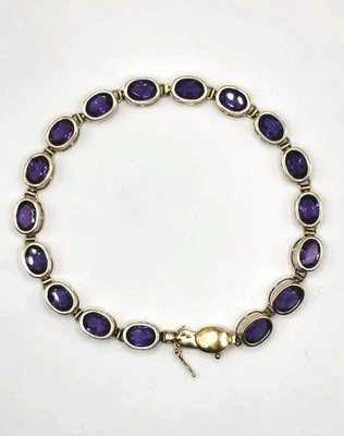 Vintage 1980s 14k Yellow Gold Amethyst Tennis Bracelet 17 Oval Stones 17–20 TCW  - Image 1 of 4