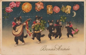 Antique Early 1904s Vintage Litho. French Postcard Sweet Black Cats - Picture 1 of 1