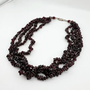Vintage Sterling Silver Clasp Multi Strand Garnet Chip Bead Necklace Deep Red - Picture 1 of 8