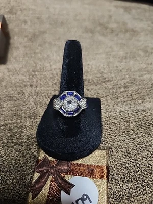 Art Deco Blue & White Sapphire Simulated Gem Ring Sz 8 #179 - Image 1 of 4
