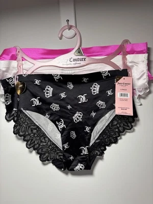 Conjunto de 3 calcinhas atrevidas Juicy Couture tamanho M sem linhas de calcinha nova com etiquetas renda envio rápido - Imagem 1 de 4