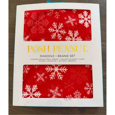 Conjunto de manta y gorro infantil Posh Peanut estampado de copo de nieve rojo bambú NUEVO Foto 1 de 3