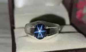 Genuine Blue Star Sapphire Men's Ring 925 Solid Sterling Silver Signet Ring Gift - Picture 1 of 6