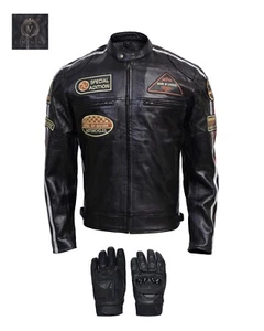 Honda Style Motorcycle Leather Jacket Men With Set Of Gloves VintMint Classic - Picture 1 of 9