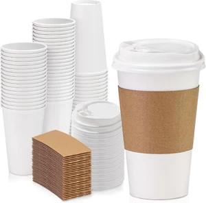 Paquete de 50 tazas de café desechables Fit Meal Prep de 16 OZ con tapas mangas a prueba de fugas - Imagen 1 de 7