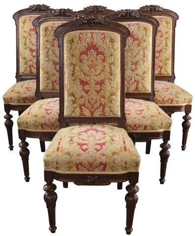Dining Chairs Renaissance Set 6 Antique 1880 Red Upholstered Oak Carved Grapes Cover