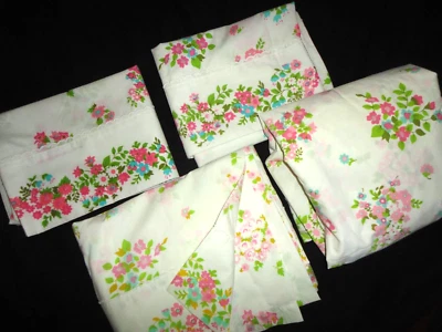 VINTAGE FIELDCREST PERFECTION PINK GREEN FLORAL BORDER (4P) TWIN FLAT SHEET SET - Image 1 of 4