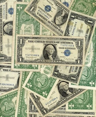 1957 年 1 美元银币证书钞票一美元钞票蓝色印章 — 第 1/2 张图片